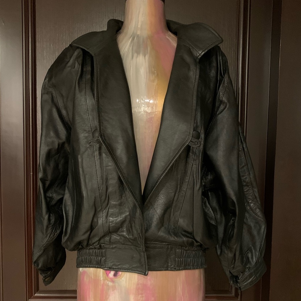 Leather bomber jacket dolman sleeve - Picture 4 of 16